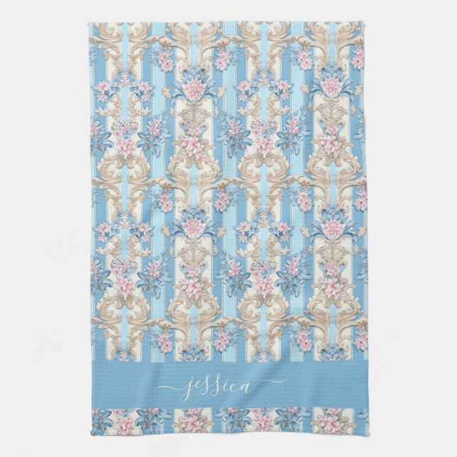 Baroque light blue script name kitchen towel (Vertical)
