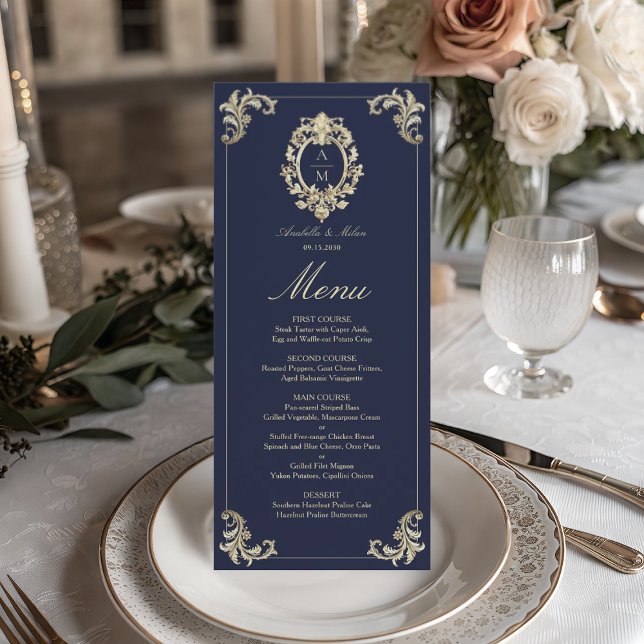 Baroque Navy Blue Gold Wedding Dinner Menu (Creator Uploaded)