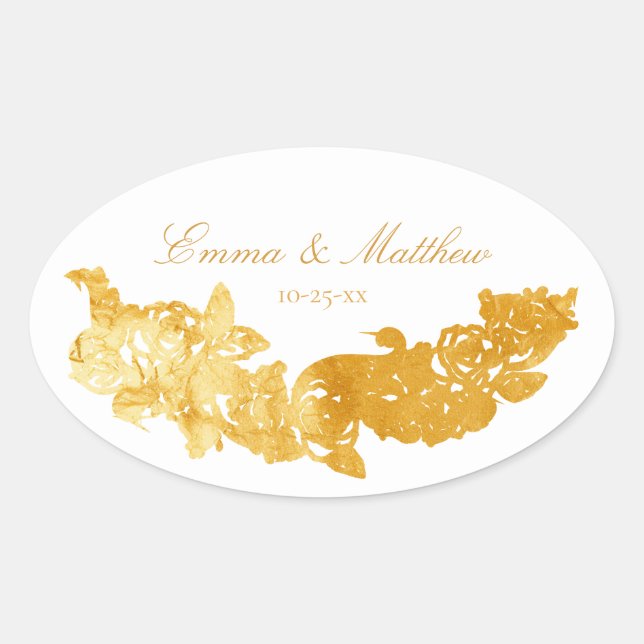 Baroque Ornament Golden Wedding Monogram Oval Sticker (Front)