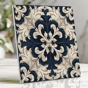 Baroque Ornamental Ivory and Navy Tile