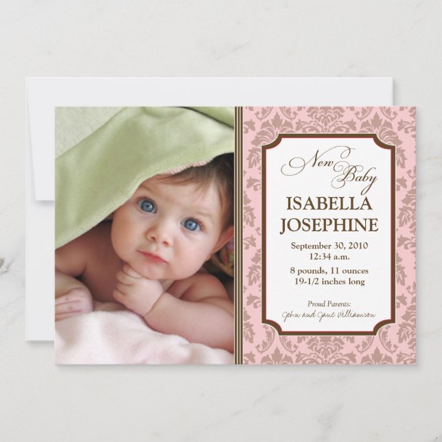 Baroque Pattern Baby Birth Announcement (pink) (Front)