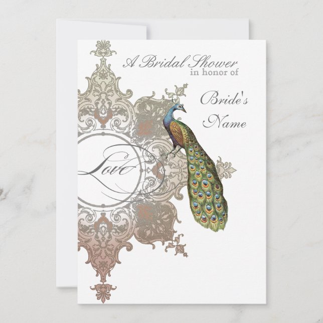 Baroque Peacock Bridal Shower Invite - Mocha Tan (Front)
