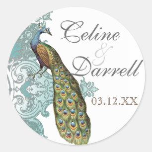 Baroque Peacock Wedding Sticker or Seal - Blue