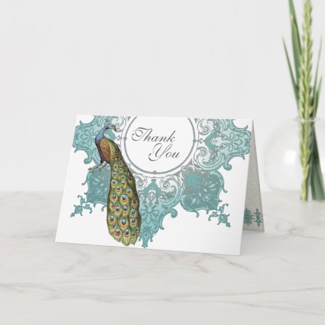 Baroque Peacock Wedding Thank You Note - Aqua Blue Card (Front)