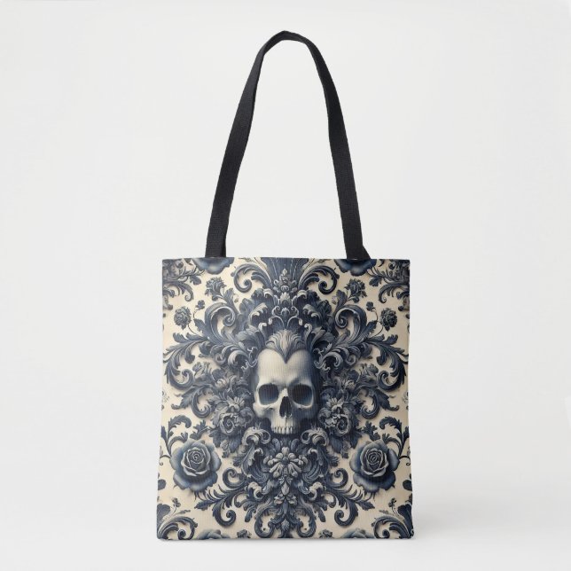 Baroque Punk – Gothic Skull Damask Floral  Tote Bag (Front)