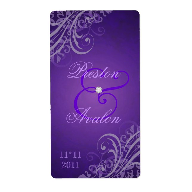 Baroque Purple Scroll Purple Wedding Wine Label (Front)