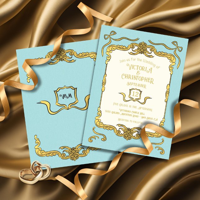 Baroque Regency Faux Gold Blue Bow Wedding Invitation (Creator Uploaded)