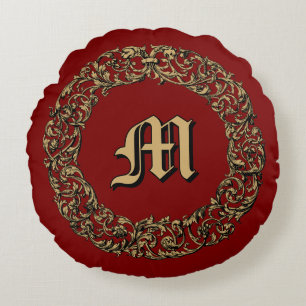 Baroque Rococo Floral Wreath Monogram Print Round Pillow