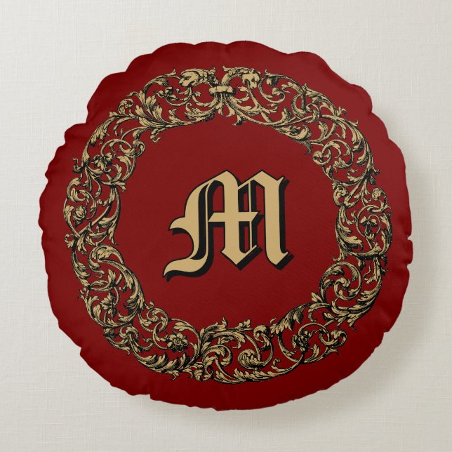 Baroque Rococo Floral Wreath Monogram Print Round Pillow (Front)