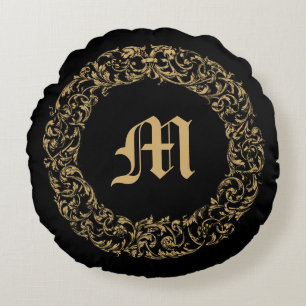 Baroque Rococo Floral Wreath Monogram Print Round Pillow