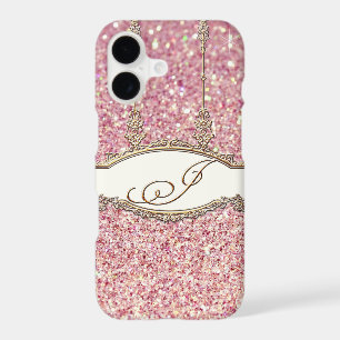 Baroque Rococo Gold Monogram J Bokeh Glitter Pink