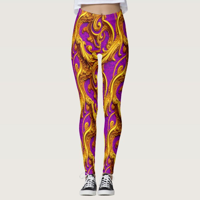 Baroque Rococo Golden Purple Filagree Design Leggings (Front)