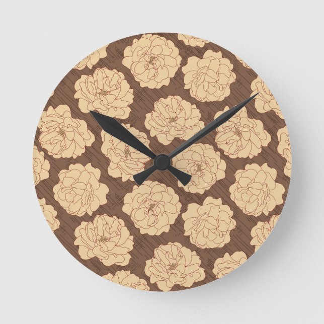 Baroque Roses on walnut brown - seamless pattern.  Round Clock (Front)