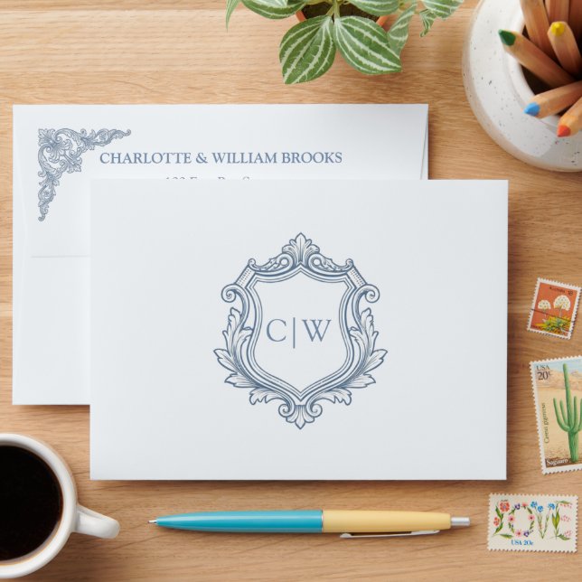 Baroque Shield Crest Dusty Blue Wedding Addressed Envelope (Desk)