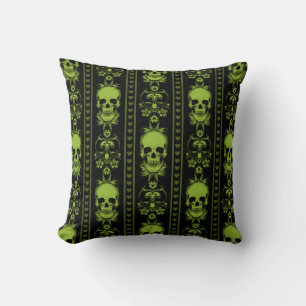 Baroque Skull Stripe Pattern Green Throw Pillow