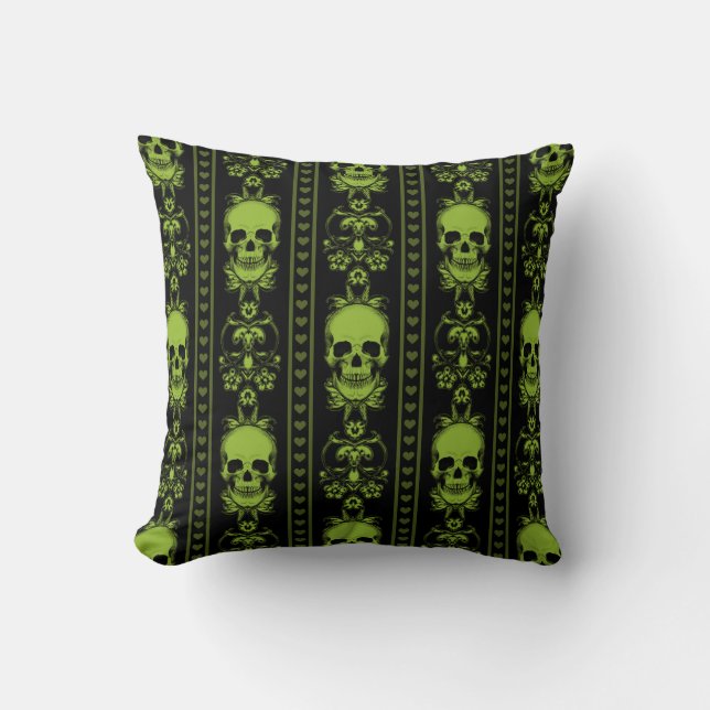 Baroque Skull Stripe Pattern Green Throw Pillow (Front)