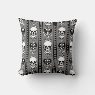 Baroque Skull Stripe Pattern Grey Throw Pillow