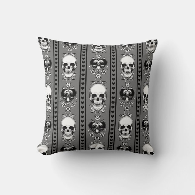 Baroque Skull Stripe Pattern Grey Throw Pillow (Front)