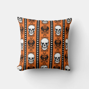 Baroque Skull Stripe Pattern Orange Black Throw Pillow