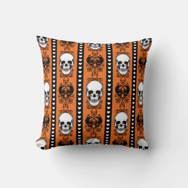 Baroque Skull Stripe Pattern Orange Black Throw Pillow (Front)