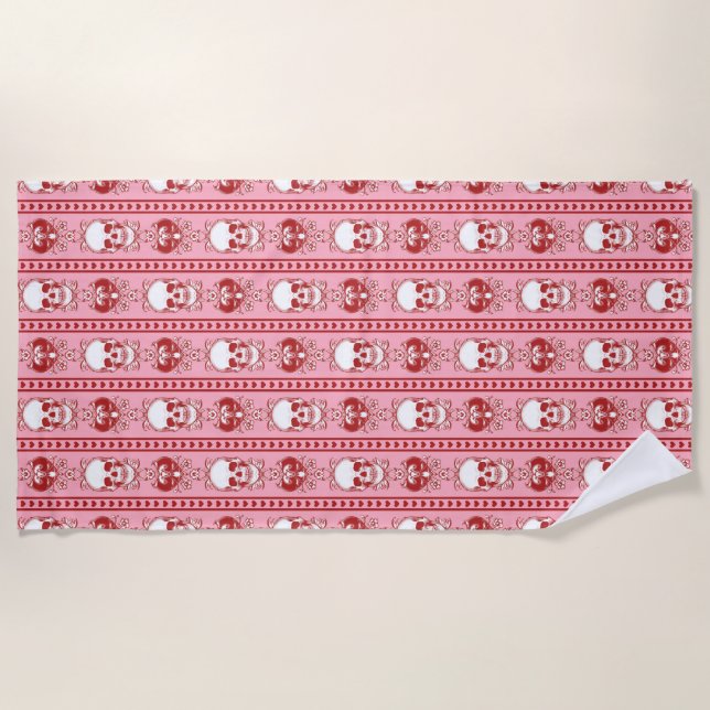 Baroque Skull Stripe Pattern Pink Red Beach Towel (Front)