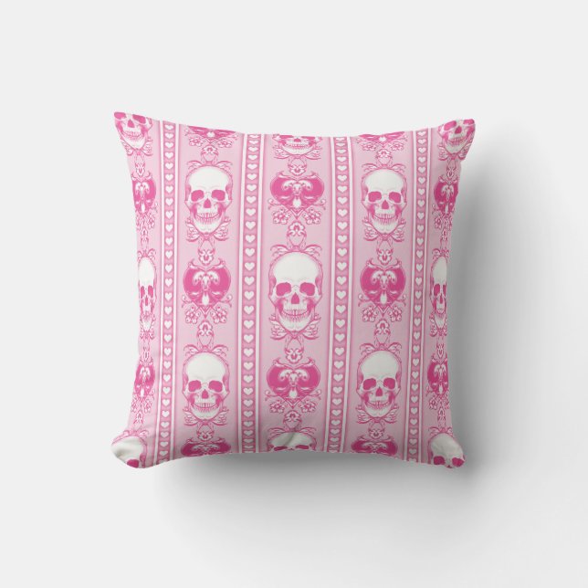 Baroque Skull Stripe Pattern Pink Throw Pillow (Front)