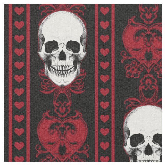 Baroque Skull Stripe Pattern Red Black Fabric (Close Up)