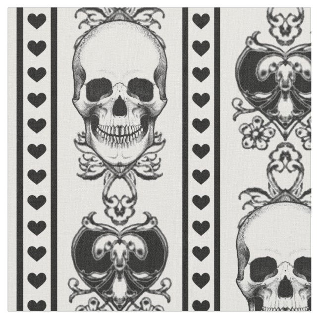Baroque Skull Stripe Pattern White And Black Fabric (Close Up)