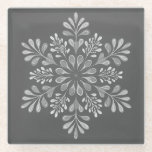 Baroque Slate Mandala Glass Coaster<br><div class="desc">Elegant glass coaster featuring a hand-painted style mandala inspired by Baroque and Damask patterns. The design uses a sophisticated monochromatic palette, layering crisp whites and soft greys against a deep slate charcoal background. With its delicate swirls and teardrop motifs, this piece offers a timeless, classic aesthetic that effortlessly complements both...</div>