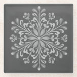 Baroque Slate Mandala Glass Coaster<br><div class="desc">Elegant glass coaster featuring a hand-painted style mandala inspired by Baroque and Damask patterns. The design uses a sophisticated monochromatic palette, layering crisp whites and soft greys against a deep slate charcoal background. With its delicate swirls and teardrop motifs, this piece offers a timeless, classic aesthetic that effortlessly complements both...</div>