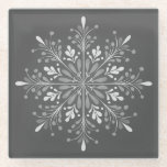 Baroque Slate Mandala Glass Coaster<br><div class="desc">Elegant glass coaster featuring a hand-painted style mandala inspired by Baroque and Damask patterns. The design uses a sophisticated monochromatic palette, layering crisp whites and soft greys against a deep slate charcoal background. With its delicate swirls and teardrop motifs, this piece offers a timeless, classic aesthetic that effortlessly complements both...</div>