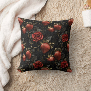 Baroque Strawberries and Roses Seamless Pattern Throw Pillow