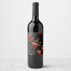 Baroque Strawberries and Roses Seamless Pattern Wine Label