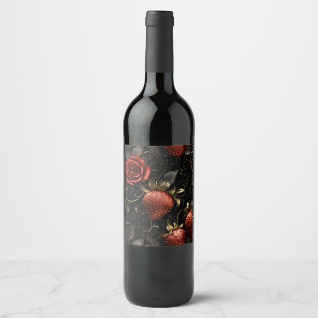 Baroque Strawberries and Roses Seamless Pattern Wine Label (Front)