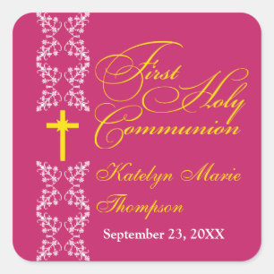 Baroque  Strip Fuchsia First Holy Communion Square Sticker