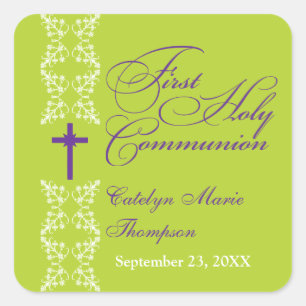 Baroque  Strip Lime First Holy Communion Square Sticker
