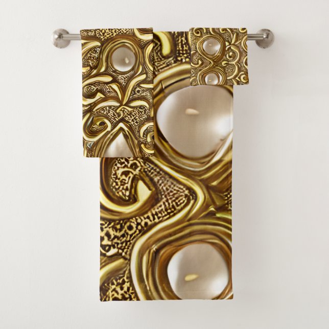 Baroque Style Burnished Gold Floral Pattern Bath Towel Set (Insitu)