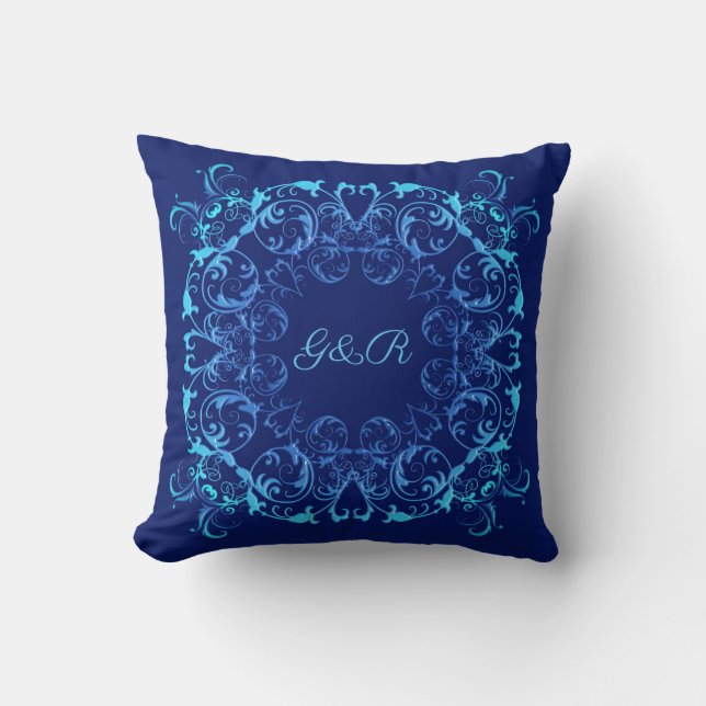 baroque style floral navy pattern. Monogram. Throw Pillow (Front)