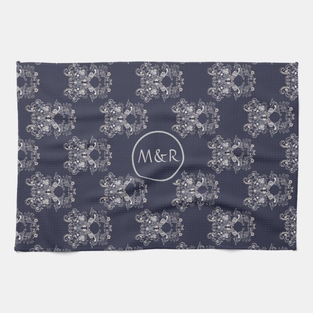 baroque style floral navy pattern. Monogram. Towel (Horizontal)