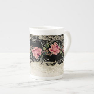 Baroque Style Vintage Rose Black n Cream Lace Bone China Mug