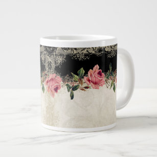 Baroque Style Vintage Rose Black n Cream Lace Large Coffee Mug
