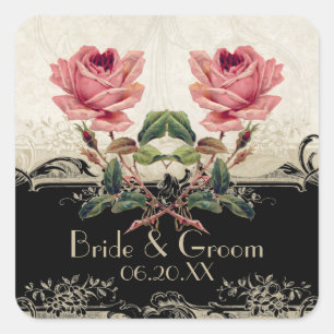 Baroque Style Vintage Rose Black n Cream Lace Square Sticker