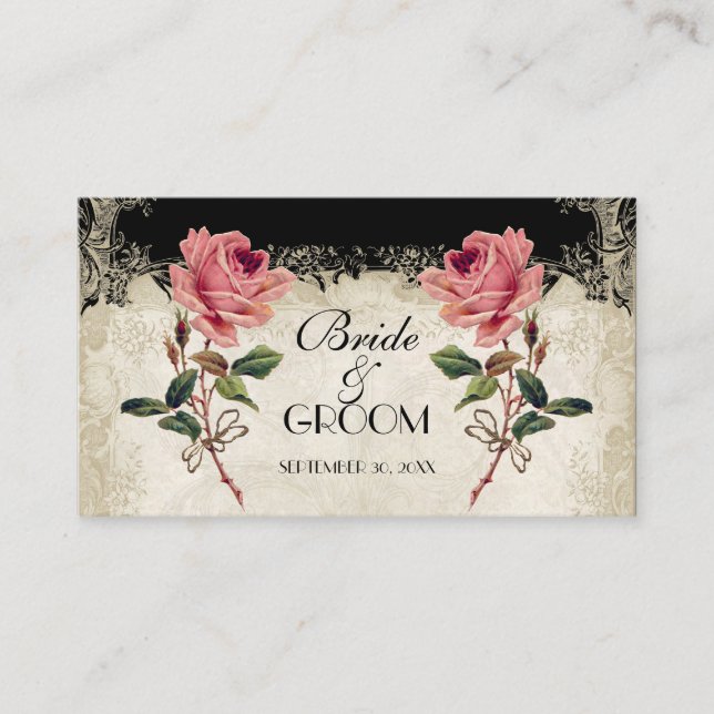 Baroque Style Vintage Rose Black Table Number Card (Front)