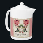 Baroque Style Vintage Rose Lace<br><div class="desc">COLOR PALETTE: rose, cream, tan, pink, red, green and brown. DESIGN COLLECTION: This is a matching Floral custom personalized tea pot template with bride and groom's names and wedding date which coordinates with the wedding invitation suite of the same name. This artwork is a mix of brand new watercolors by...</div>