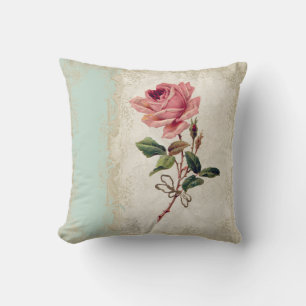 Baroque Style Vintage Rose Mint n Cream Lace Throw Pillow