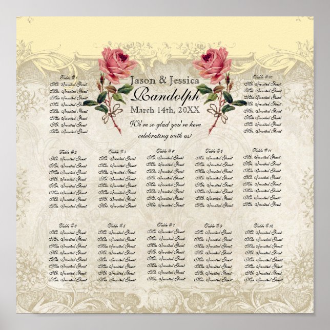 Baroque Style Vintage Rose Reception Seating Chart (Front)