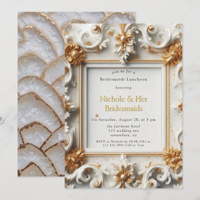 Baroque Style White Gold Bridesmaids Luncheon Invitation (Front/Back)