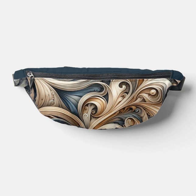 Baroque Swirl Pattern in Blue & Gold Fanny Pack (Lay Down)
