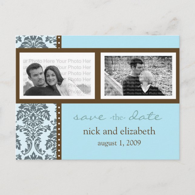 Baroque Teal Chocolate Two-Photo Save the Date Announcement Postcard (Front)
