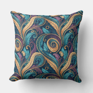 Baroque Teal Gold & Purple Swirl Floral Pattern Throw Pillow